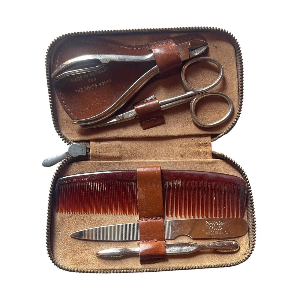 Vintage White House Grooming Kit Made in Germany Brown Leather Zipper Case Set